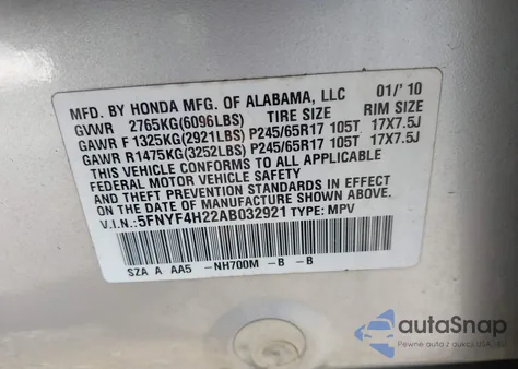 2010 Honda Pilot Lx z USA, uszkodzony, nr VIN 5FNYF4H22AB032921